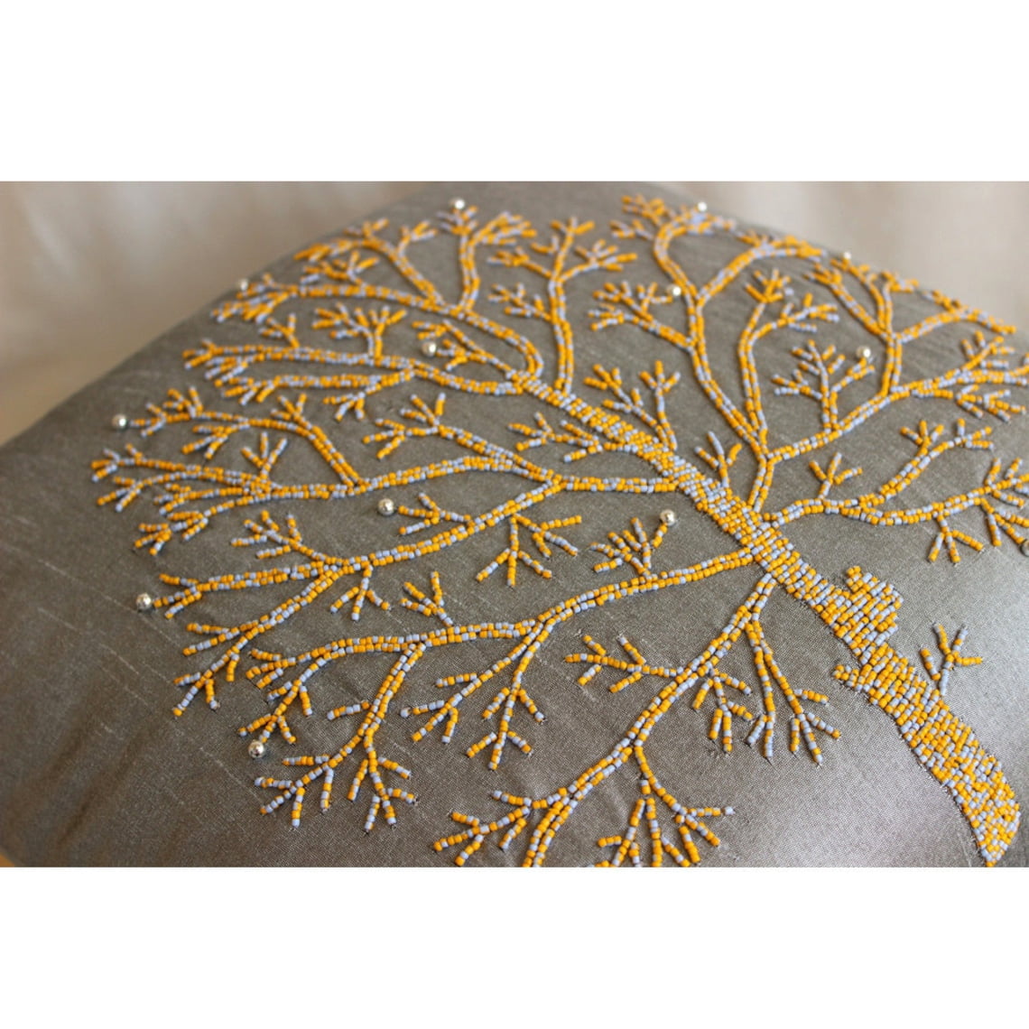 Toss Pillow Cover, Silver Grey Pillows Cover, Colorful Beaded Tree Pillows Cover, 20x20 inch (50x50 cm) Decorative Pillow Covers, Floral Pillow Cases, Square Silk - Tree Of Faith