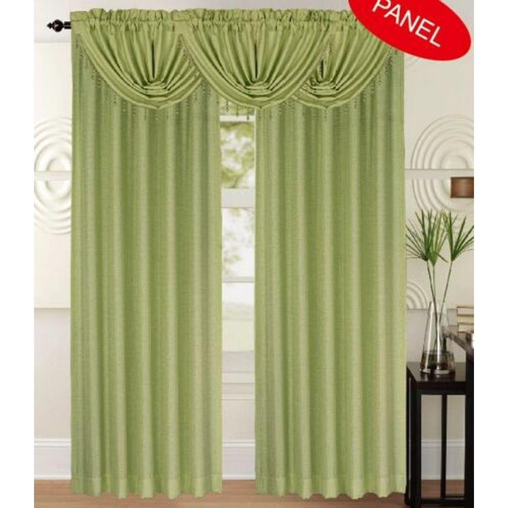 Leah 5 Piece Woven Textured Curtain Set with Beaded Austrian Valances (Sage Green)