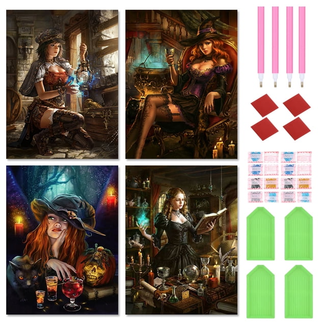 (w2392 W2393 W2394 W2395) Juego 4 Uds Lleno Diamantes Serie Dibujos Animados Bruja Mágica Resina Diamante 30*40CM