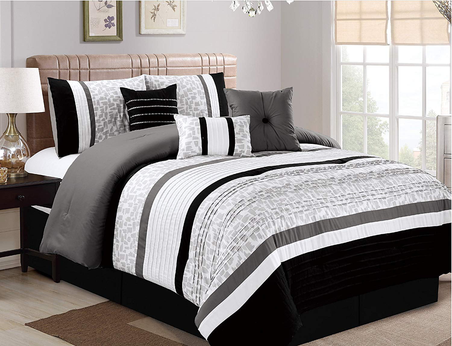 Black 7 Pcs Microfiber Bedding Comforter Set,King Size Oversize Luxury Stripe 