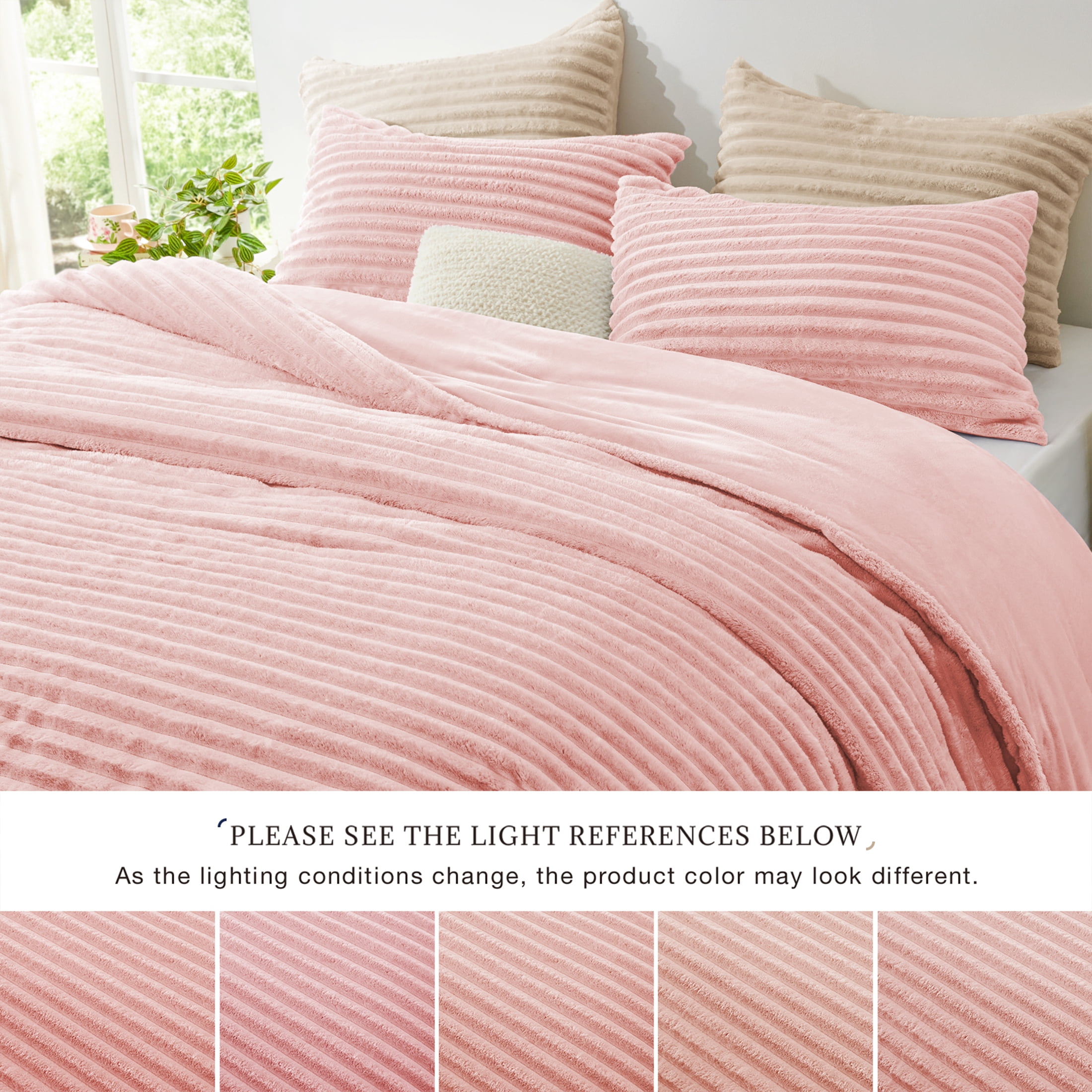 Love's cabin Fleece King Size Comforter Set 3-Piece - Super Soft Faux Fur Stripe Jacquard Bedding, 1 Warm Winter Fluffy Comforter with 2 Pillowcases, Pink
