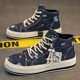 thumbnail image 1 of Zapatillas de skate de caña alta de mezclilla desgastada para hombre con buen agarre, transpirables y con cordones, estilo alpargatas., 1 of 5