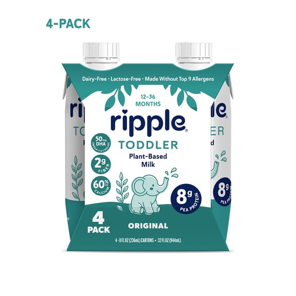 Ripple Plant-Based Toddler Milk, Original, Dairy-Free, 8 fl oz Cartons, 4 Count