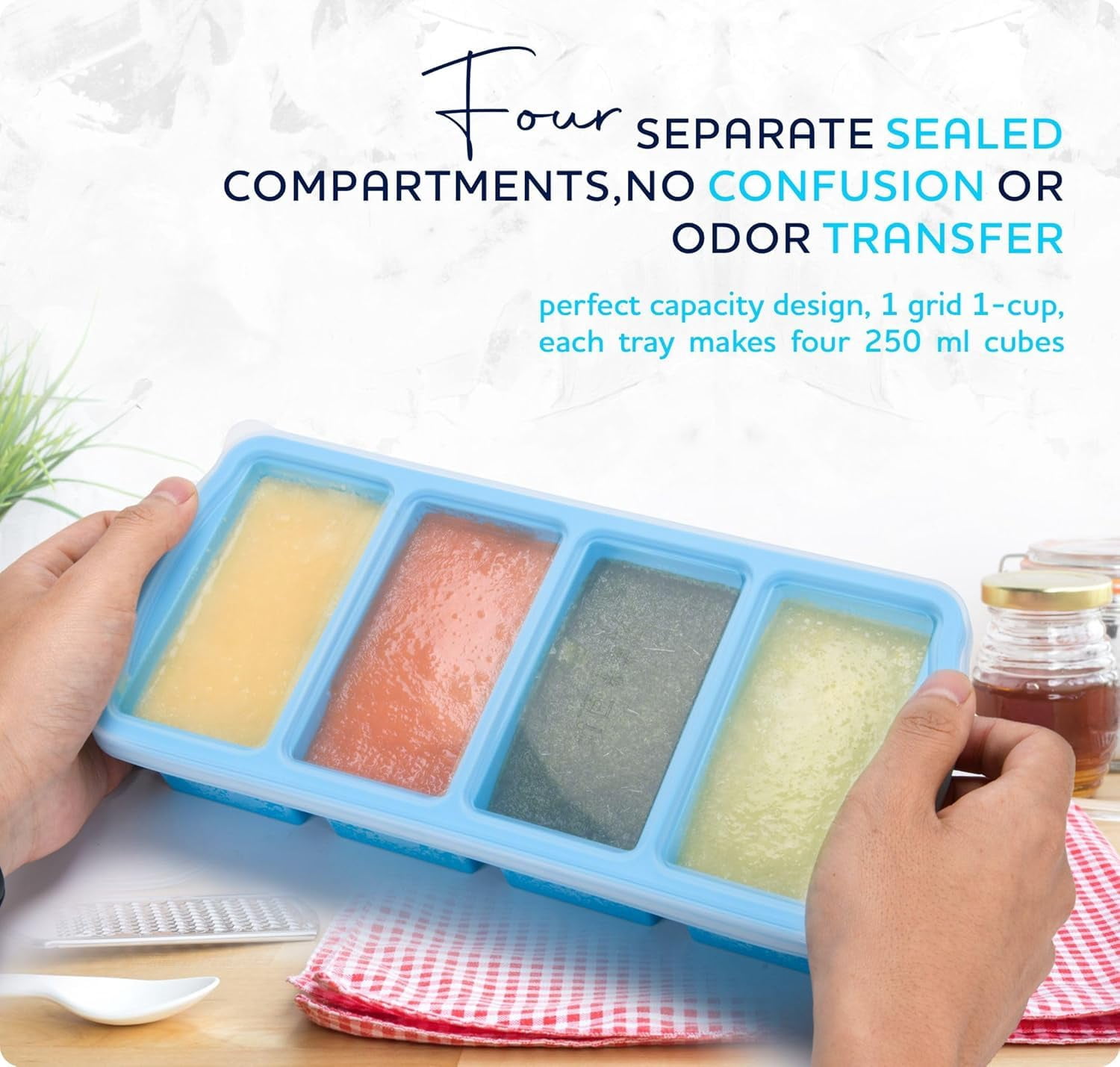 Silicone Freezer Trays With Lid 1-cup Soup Container Large Ice Cube Molds Reinforced Steel Ring Top For Freezing Sauce Broth Leftovers Oven Dishwasher -safe(2-pack)