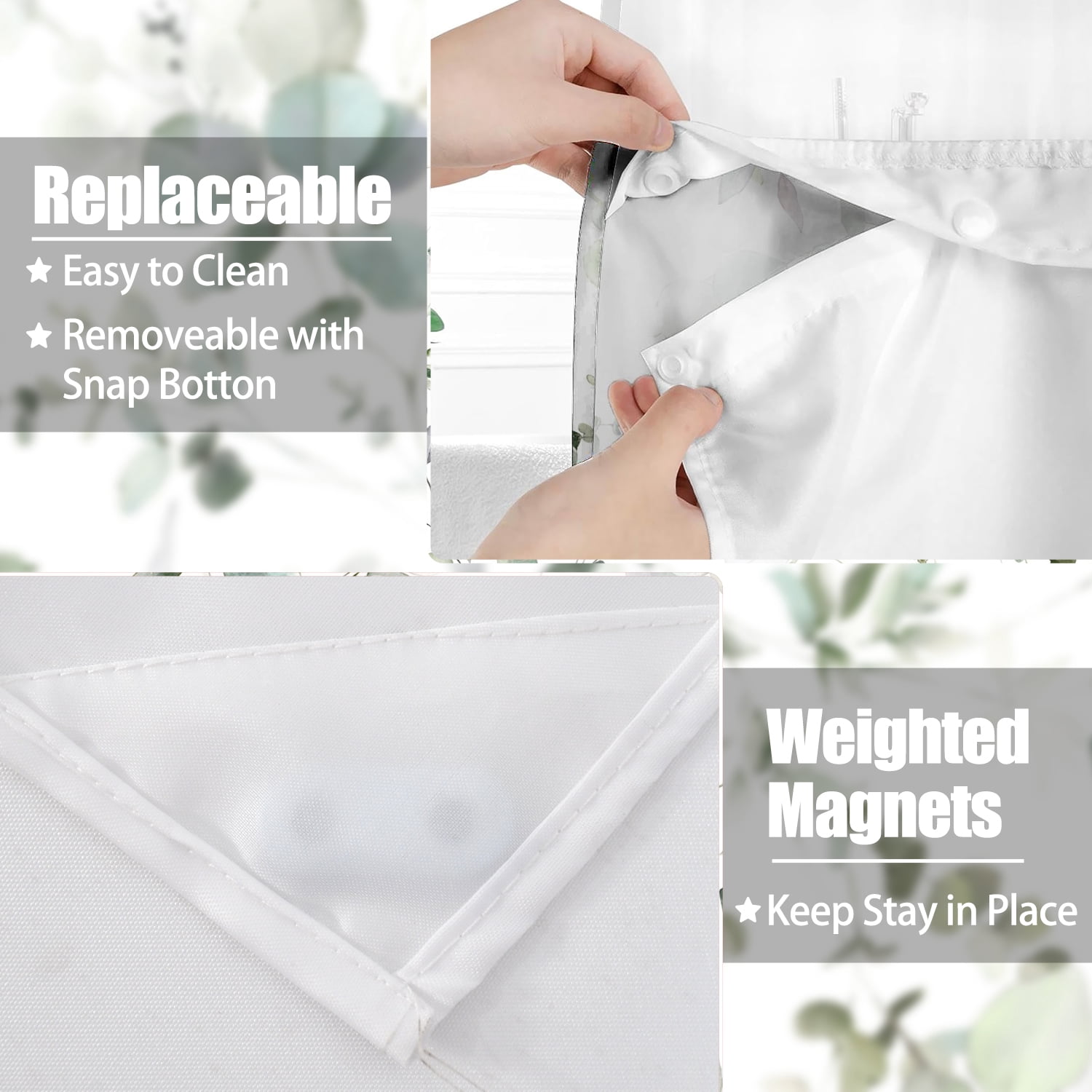 Mizhona Green Hookless Shower Curtain with Snap in Liner Summer Leaves Fabric No Hook Bathroom Curtain with Liner,71"x74"