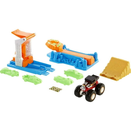 Hot Wheels Monster Trucks Launch & Bash Playset, 1:64 Scale Bone Shaker & 4 Crushable Cars