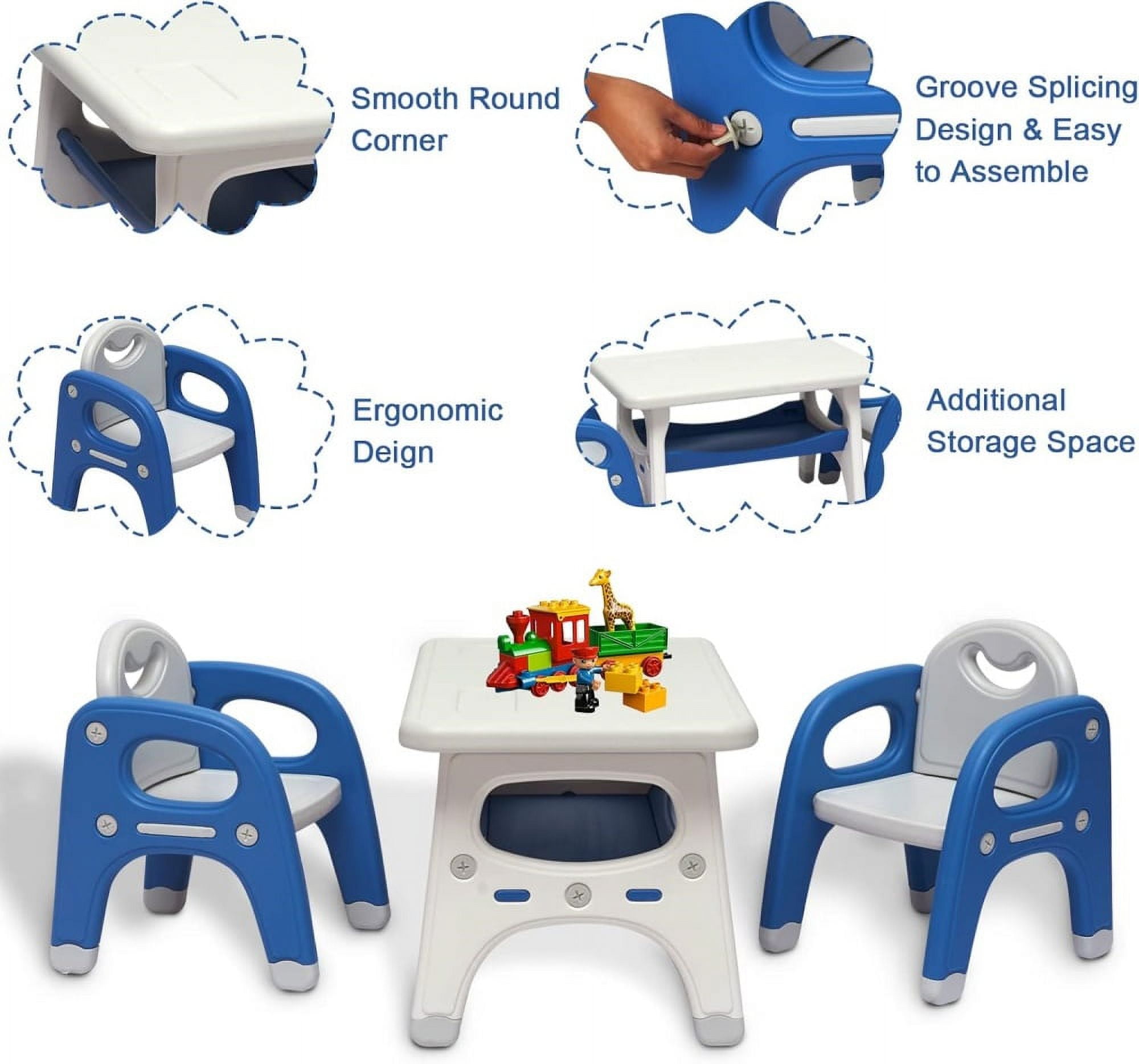 MIDODO Kids Table and 2 Chairs Set with Storage Shelf, 3-in-1 Toddler Table and Chair Set Children Multi-Activity Table for Classroom, Daycare, Home