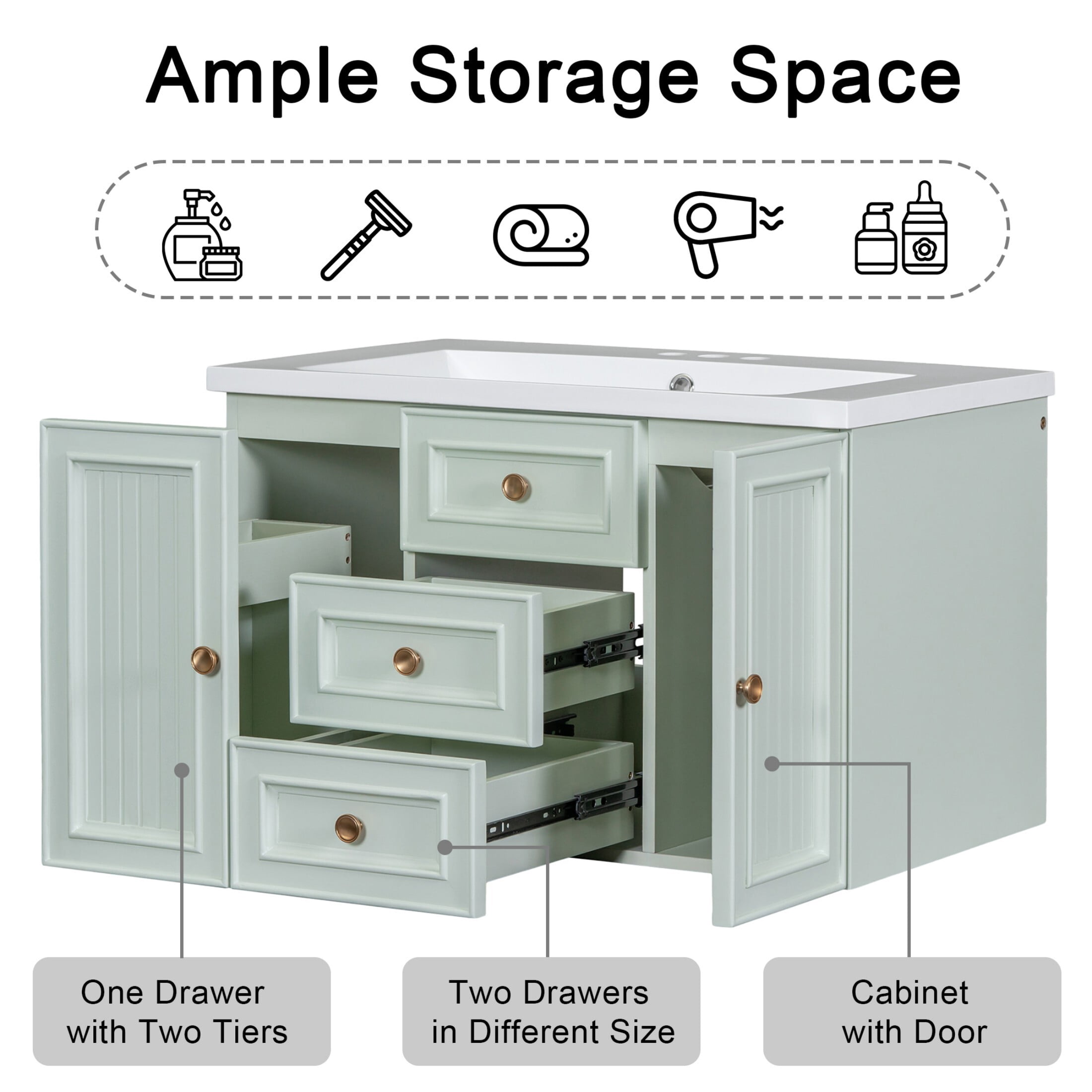 AENKYO 30'' Wall Mounted Bathroom Vanity with Sink, Simple Floating Vanity Cabinet with Drawers, Green