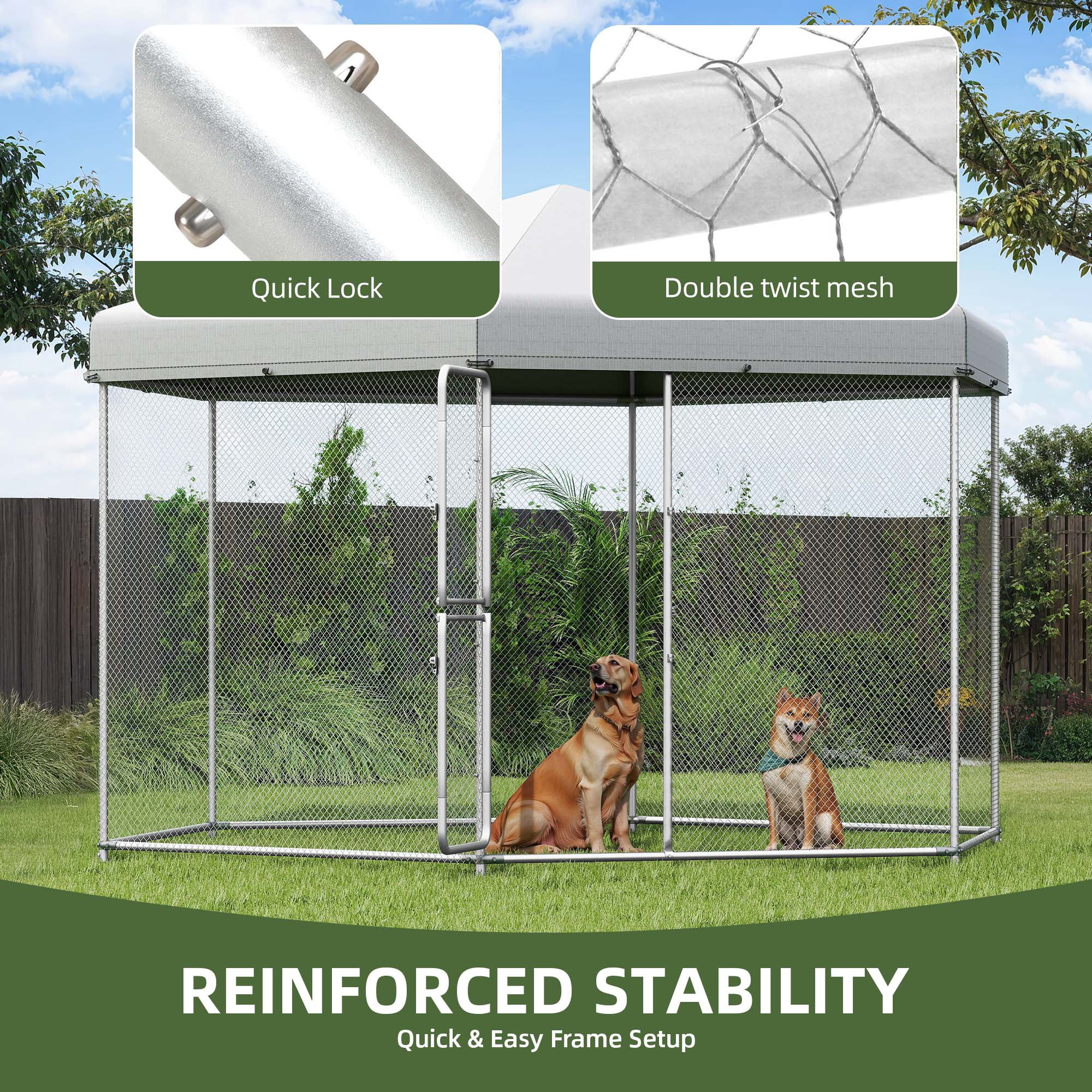 Uforic 13×11×7.6 FT Heavy Duty Outdoor Dog Kennel, Metal Dog House with UV-resistant Tarpaulin and Double-door Lock, Wire Dog Cage for Large Dogs, Silver
