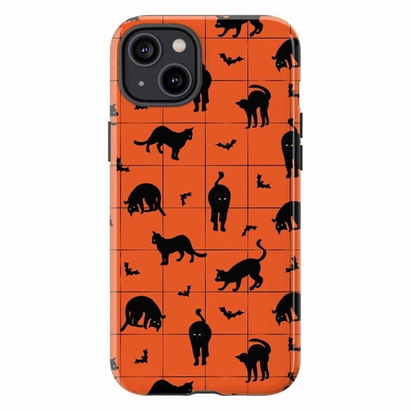 Black Cat & Bat Halloween Phone Case, Spooky Orange Grid Pattern iPhone Cover for iPhone 17 16 15 14 13 12 11 Pro Plus Mini