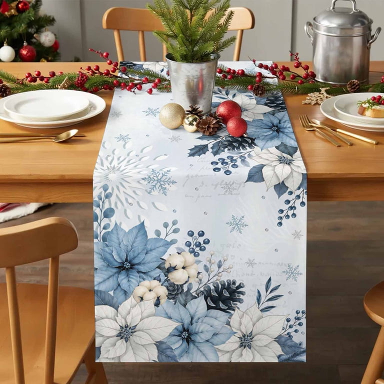 Withe Flowe Table Runner Dresser Scarves 70 Inch Long,Christmas Blue White Flowers ...