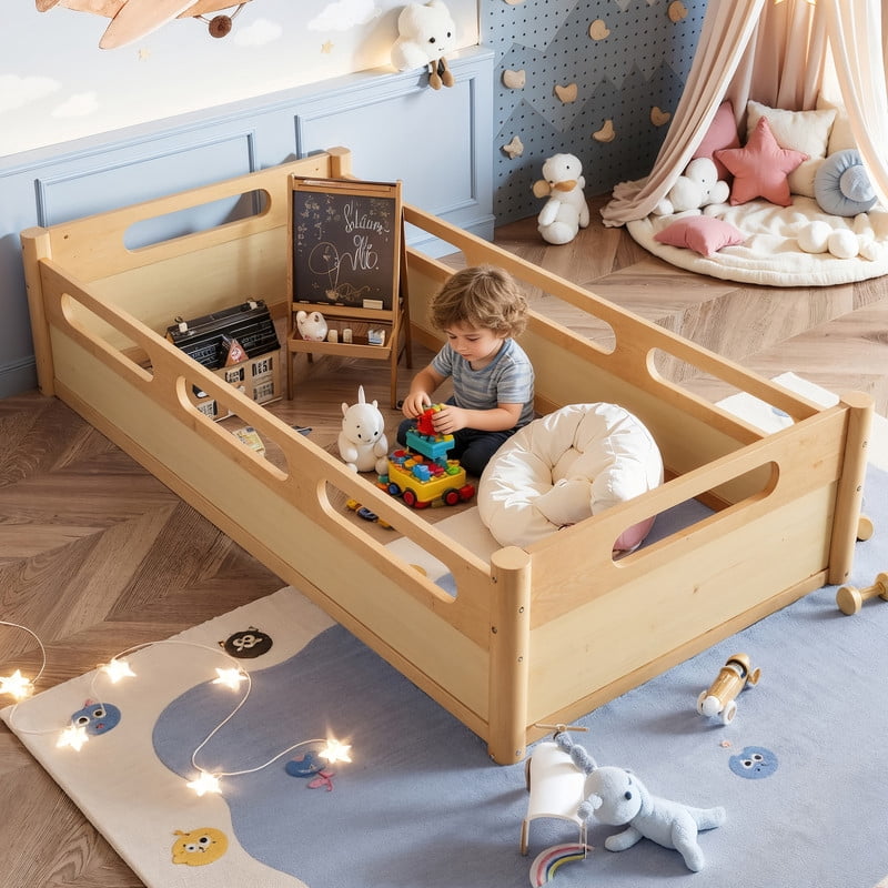 URTR Twin Size Floor Bed with High-Quality Safety Full-length Guardrails, Low Profile Wooden Montessori Platform Bed Frame, Heavy Duty Safety Bed, No Box Spring Needed, Natural