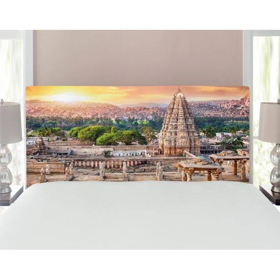 East Headboard, Viruphaksha Building View up from the Hills Sunset Above City Buildings Rock Tower, Upholstered Decorative Metal Bed Headboard with Memory Foam, Full Size, Orange Cream, by Ambesonne