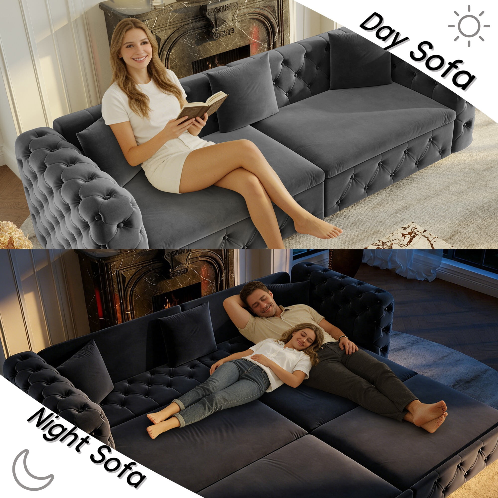 DEALTOPS 89 Inch Chesterfield Tufted Velvet 3 in 1 Pull Out Sofa Bed, 4 Seater Tuxedo Living Room Couch, Gray