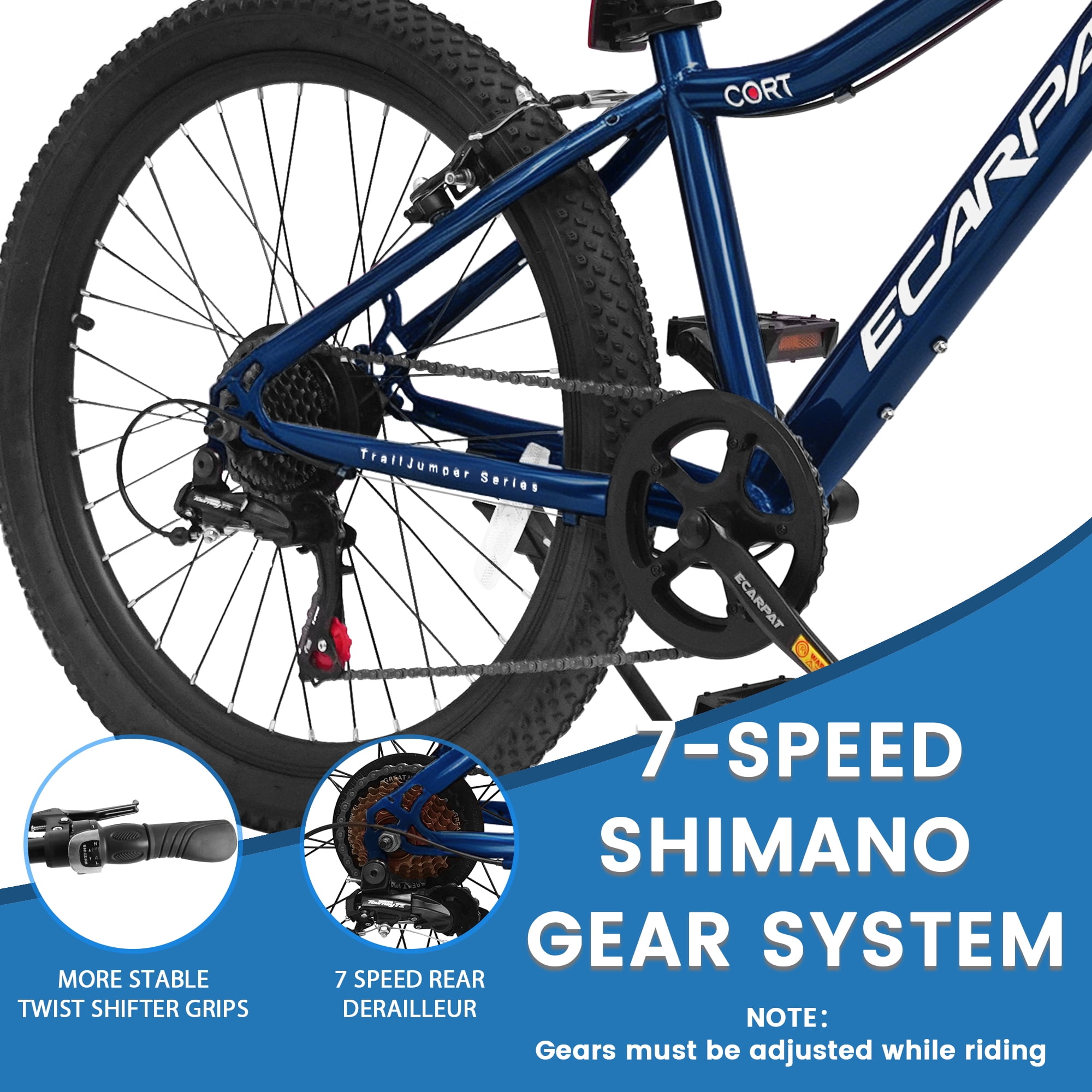 24 Inch Mountain Bike for Teenager, 7 Speed Mountain Bicycle with Front Suspension, Front Disc Brake and Rear V-Brake, Carbon Steel Frame Outdoor Cycling City Bike, Blue