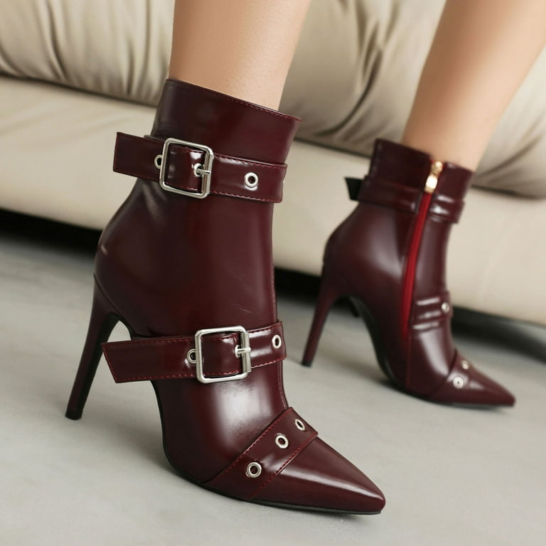 Oyedens Womens Stiletto Dress Boots 2025 Fashion Triple Buckles Leather Pointed Toe High Heel Ankle Booties Winter Fall Short Pumps Boots for Ladies