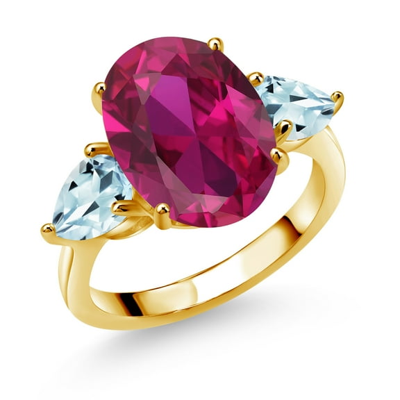 Gem Stone King 18K Yellow Gold Plated Silver Red Created Ruby and Sky Blue Aquamarine Ring for Women (4.30 Cttw, 14X10MM Oval and 7X5MM Pear Shape, Gemstone July Birthstone, Size 6)