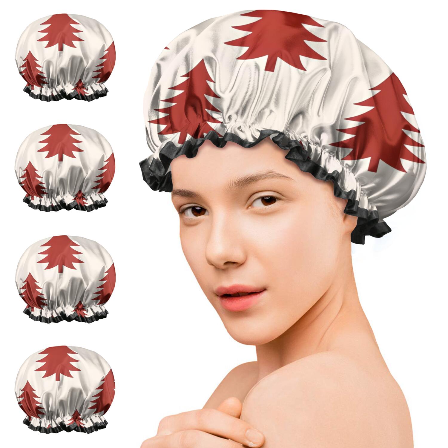 Shower Caps,Red Christmas Tree Pattern Waterproof Shower Cap for Women 4 Pieces,Double Reusable Hair Cover for Shower PEVA Elastic Stretch Hem