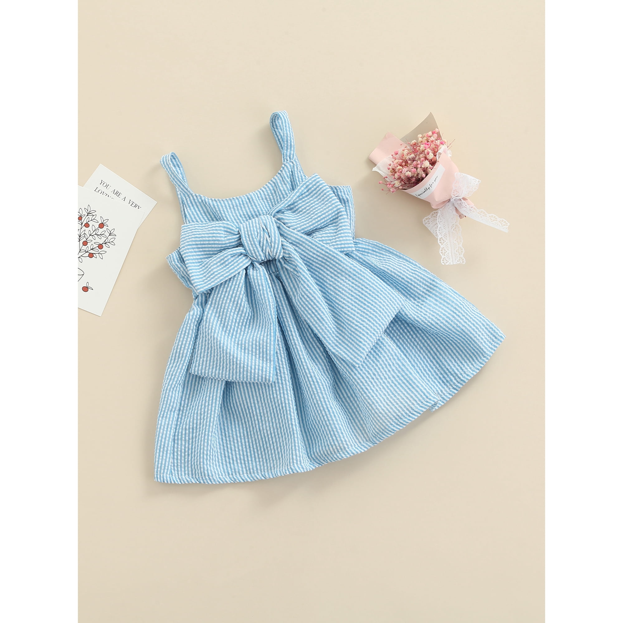 Xingqing Summer Lovely Infant Baby Girls Dress Striped Big Bowknot Strap Sleeveless A Line Mini Sundress Blue 9 12 Months Blue