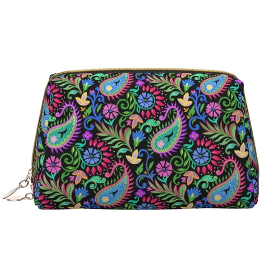 Naloa Watercolor Floral Paisley Leather Makeup Bag for Purse Travel, Portable Small Cosmetic Organizer for Women and Girls, Make up Bag with Zipper