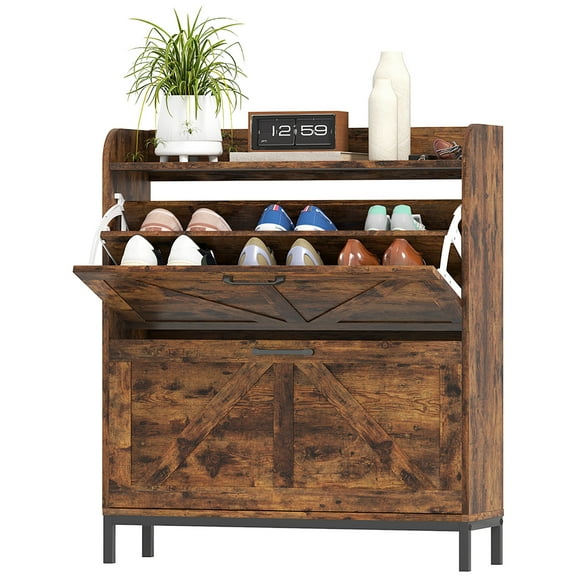 HOMCOM Narrow Shoe Cabinet, Farmhouse Shoe Storage Cabinet, Rustic Brown
