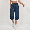thumbnail image 2 of Women's Lightweight Capri Cargo Pants Drawstring Elastic Waist Cropped Wide Leg Pants Adjustable Hem Baggy Sweatpants with Pockets Blue, 2 of 6