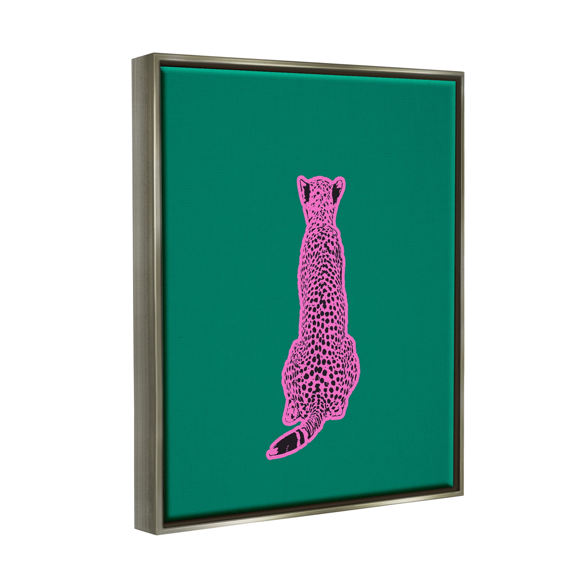 Stupell Industries Pink Cheetah on Green Animals & Insects Painting Gray Floater Framed Canvas Art Print Wall Art, 17 x 21