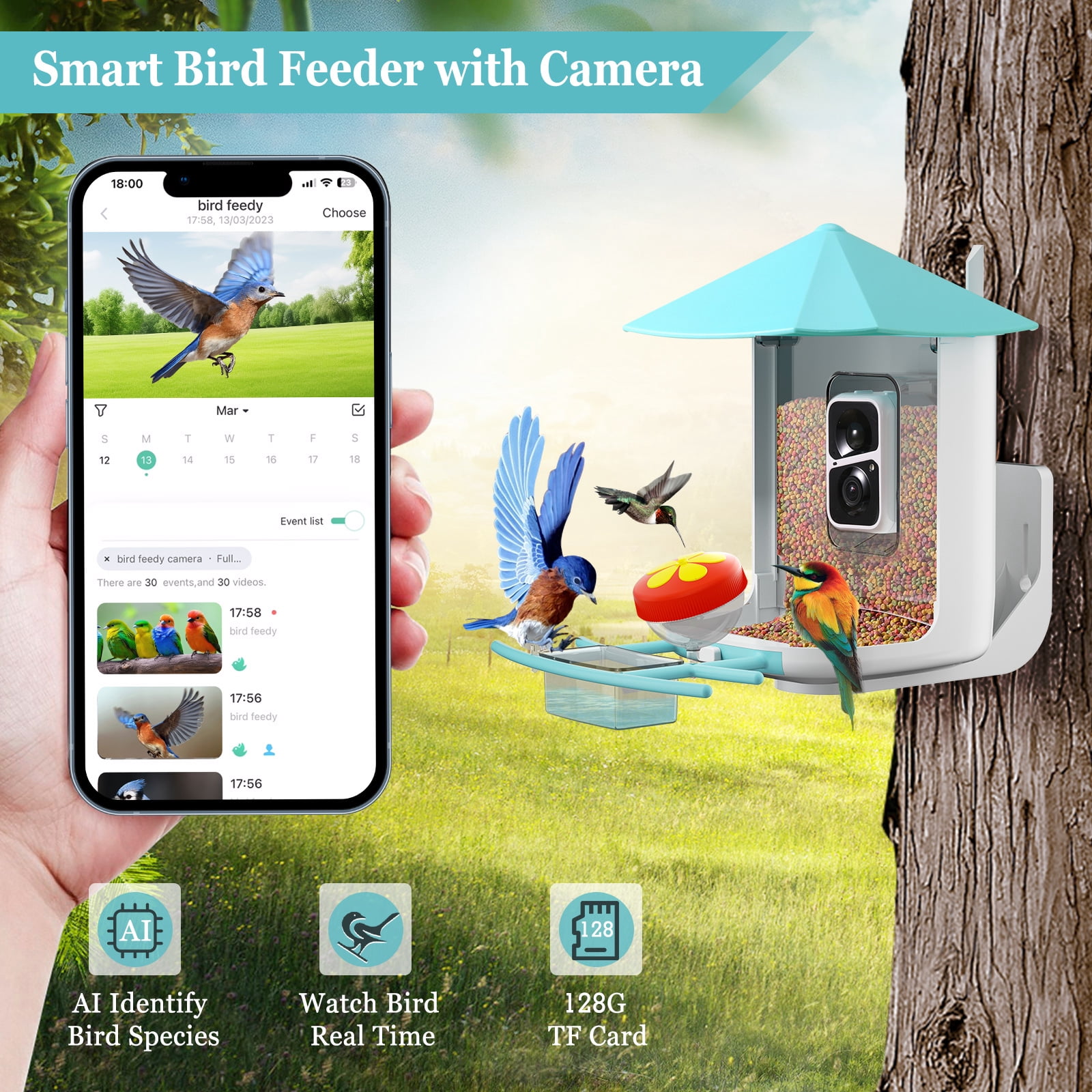 Gasky Smart Bird Feeder with Camera,AI Identify and Motion Detection, Wireless Outdoor Ideal for Family and Bird Lovers,Blue