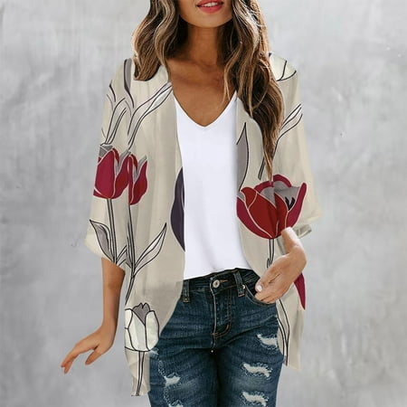 Abomasnow Women s Swim Cover Ups Floral Print 3/4 Sleeve Lightweight Chiffon Open Front Kimono Cardigan Casual Summer Loose Bikini Swimsuit Cover Up Blouse Tops