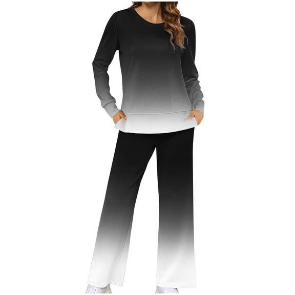 Scyoekwg Women's Casual 2 Piece Outfits Fall Fashion Gradient Color Outfits Loose Comfy Matching Set Loungewear (Black,M)