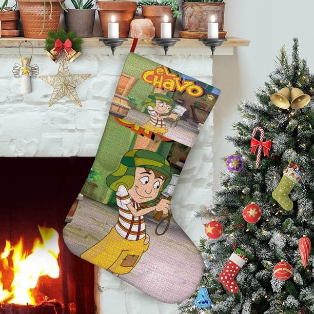 El Chavo del Ocho Tema: Calcetines de Navidad, fino lino blanco para colgar en escaleras y chimenea, decoración navideña para el hogar, regalo de Navidad.54cm×38cm