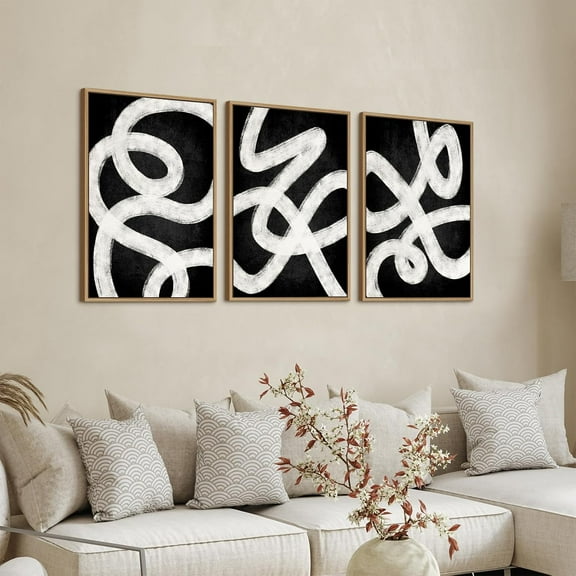 Framed Boho Canvas Wall Art - Mid Century Modern Geometric Pictures Prints Black and White Minimalist Artwork Bohemian Wall Art for Bedroom Living Room Bathroom Office Decor 16" x 24" x 3 Piece Set