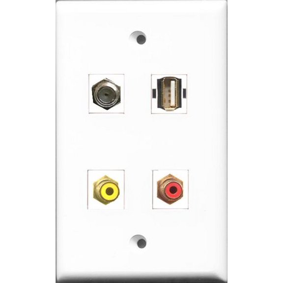RiteAV 1 Port RCA Red and 1 Port RCA Yellow and 1 Port Coax Cable TV- F-Type and 1 Port USB A-A Wall Plate