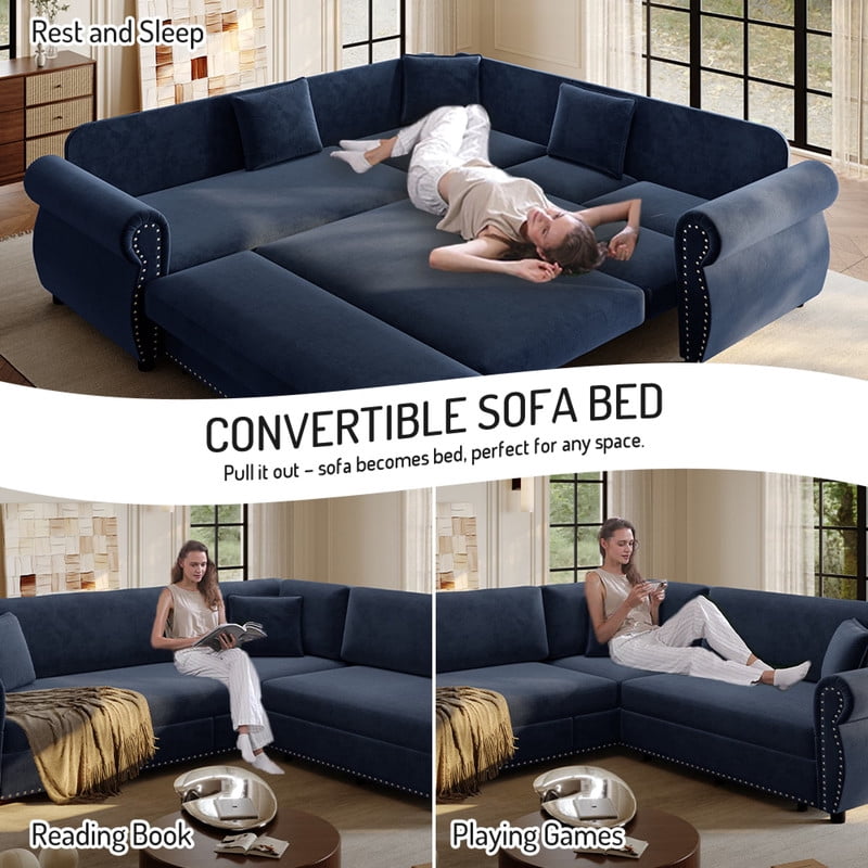 88.2" Sectional Sleeper Sofa with Pull Out Bed, Convertible Sleeper Couch with Nailhead Trim, 5-Seat Sectional Sofa Chenille Couch for Living Room Apartment