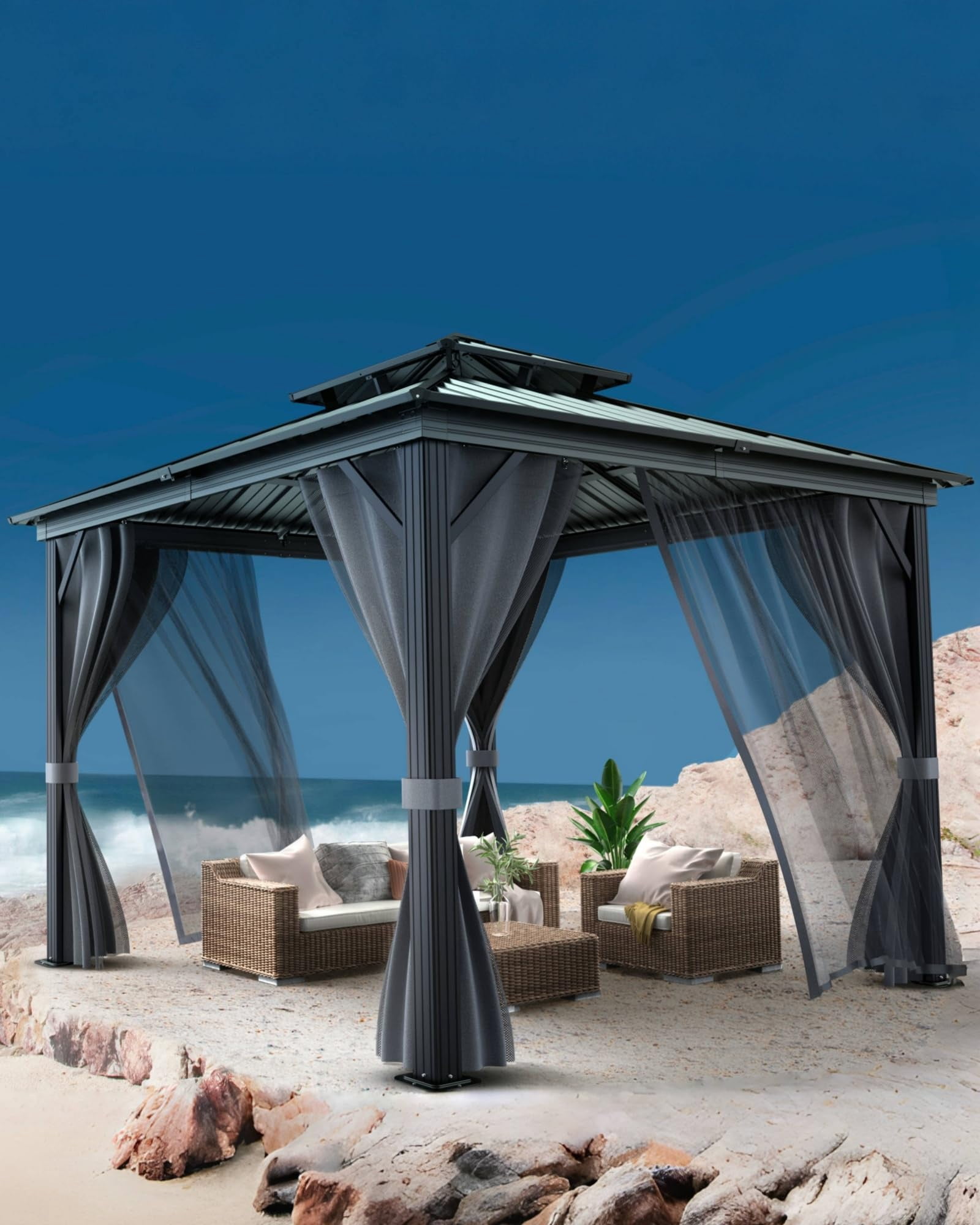 Garvee Double Roof Hardtop Gazebo, Durable Aluminum Frame, Mosquito Netting & Privacy Curtains – Outdoor Pavilion Canopy for Patio, Garden, Deck, Backyard Parties – Black + Gray, 10x10FT