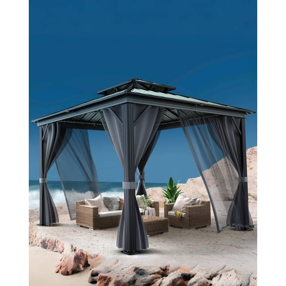 All-Weather Hardtop Gazebo with Aluminum Frame, Double Roof, Mosquito Netting, Privacy Curtains, Outdoor Pavilion for Patio, Garden, Deck, Lawn, Backyard, Black Spray   Gray Cloth Black Mesh, 10x10FT