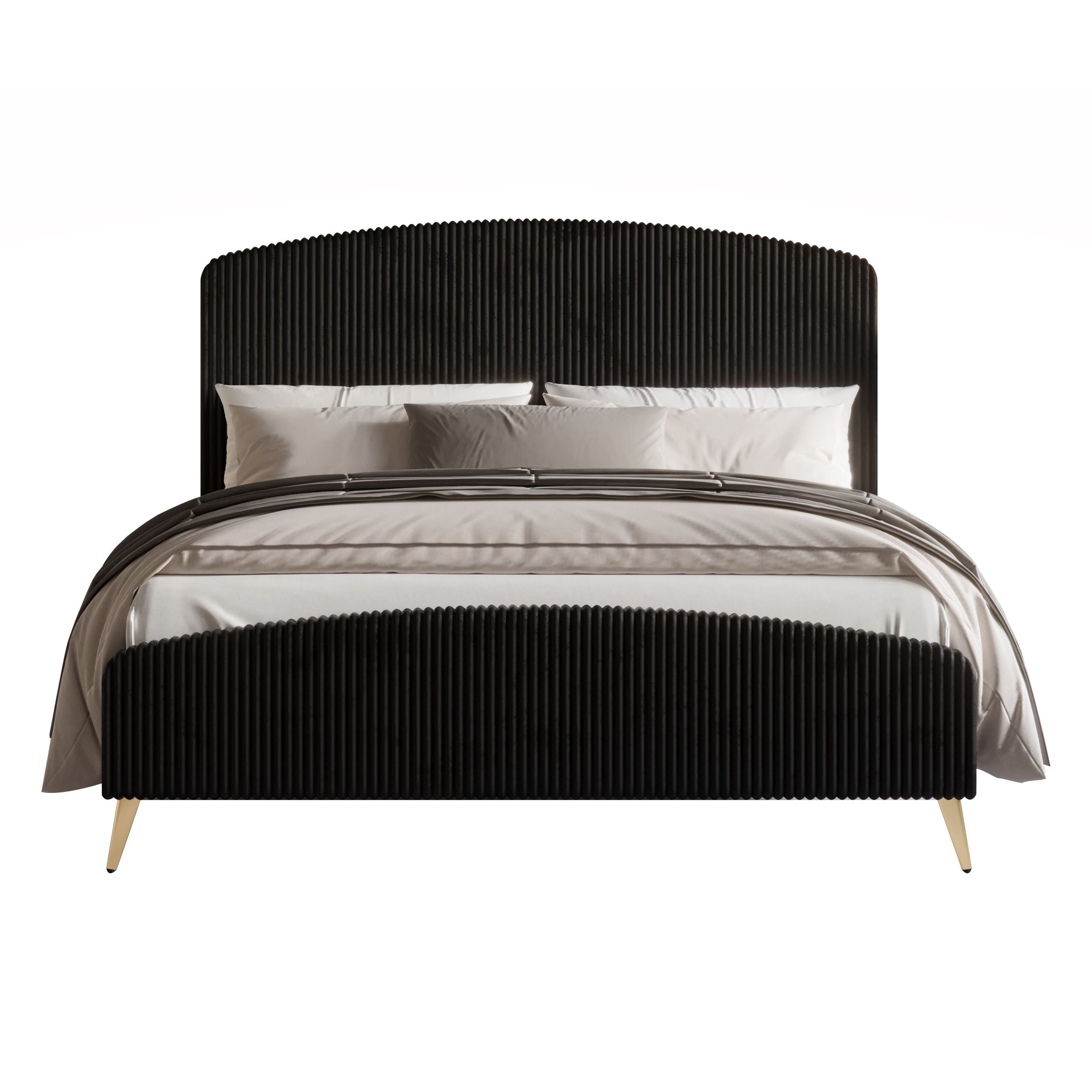 Home Design Everett Full Upholstered Panel Bed Frame with Curve-Shaped Design Headboard For Adult, Black, Easy Assembly