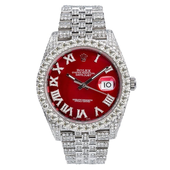 Pre-Owned Rolex Datejust 41MM 116334 Red Roman Diamond Dial Diamond Bezel Stainless Steel Full Diamond Jubilee Bracelet 11.75ct