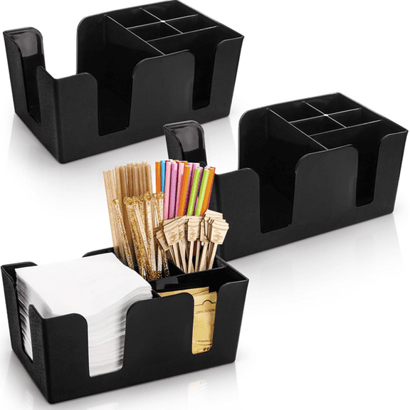 YSTDHL 3 Pack Black Plastic Bar Caddy with 6 Compartments, Refillable Bar Organizer Holds Napkins, Toothpicks, Straws - 9" L x 5.4" W