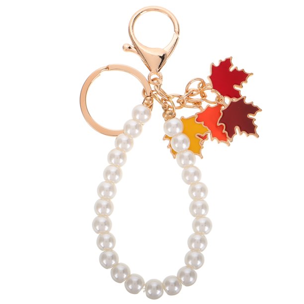 Llavero con colgante de hoja de arce, llavero con perla, llavero con colgante de arce para mujer, para cumpleaños, Navidad, festival, otoño, Acción de Gracias