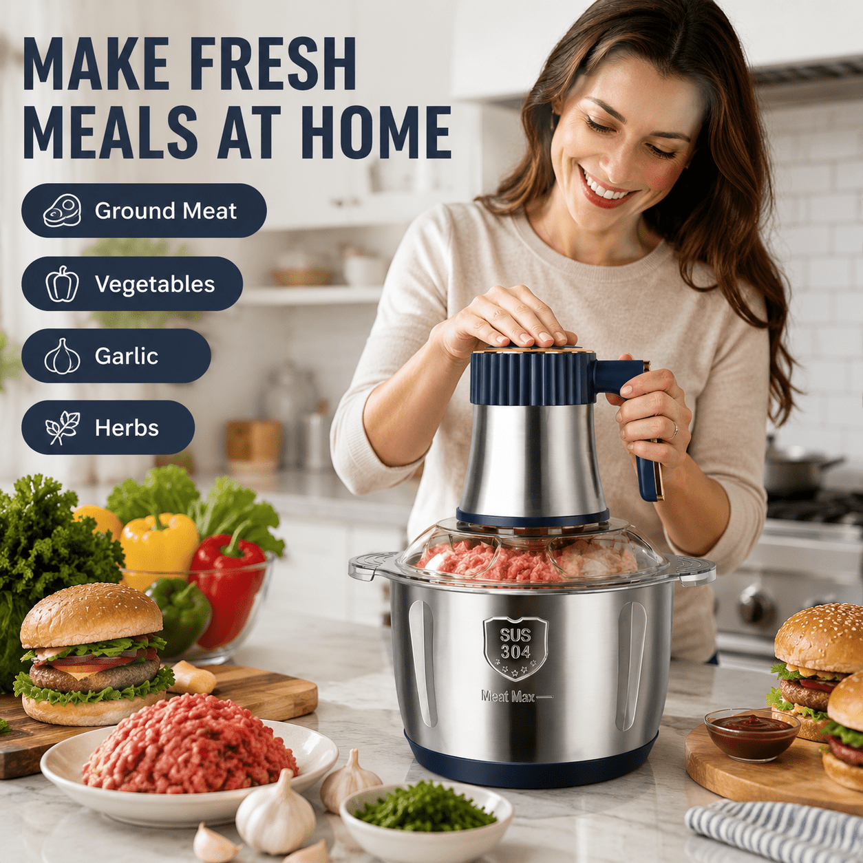 5L Stainless Steel Meat Chopper, 500W Electric Food Processor with 6-Layer Blade System, Large Capacity Meat Grinder for Meat, Vegetables, Garlic, Nuts and Family Meal Prep