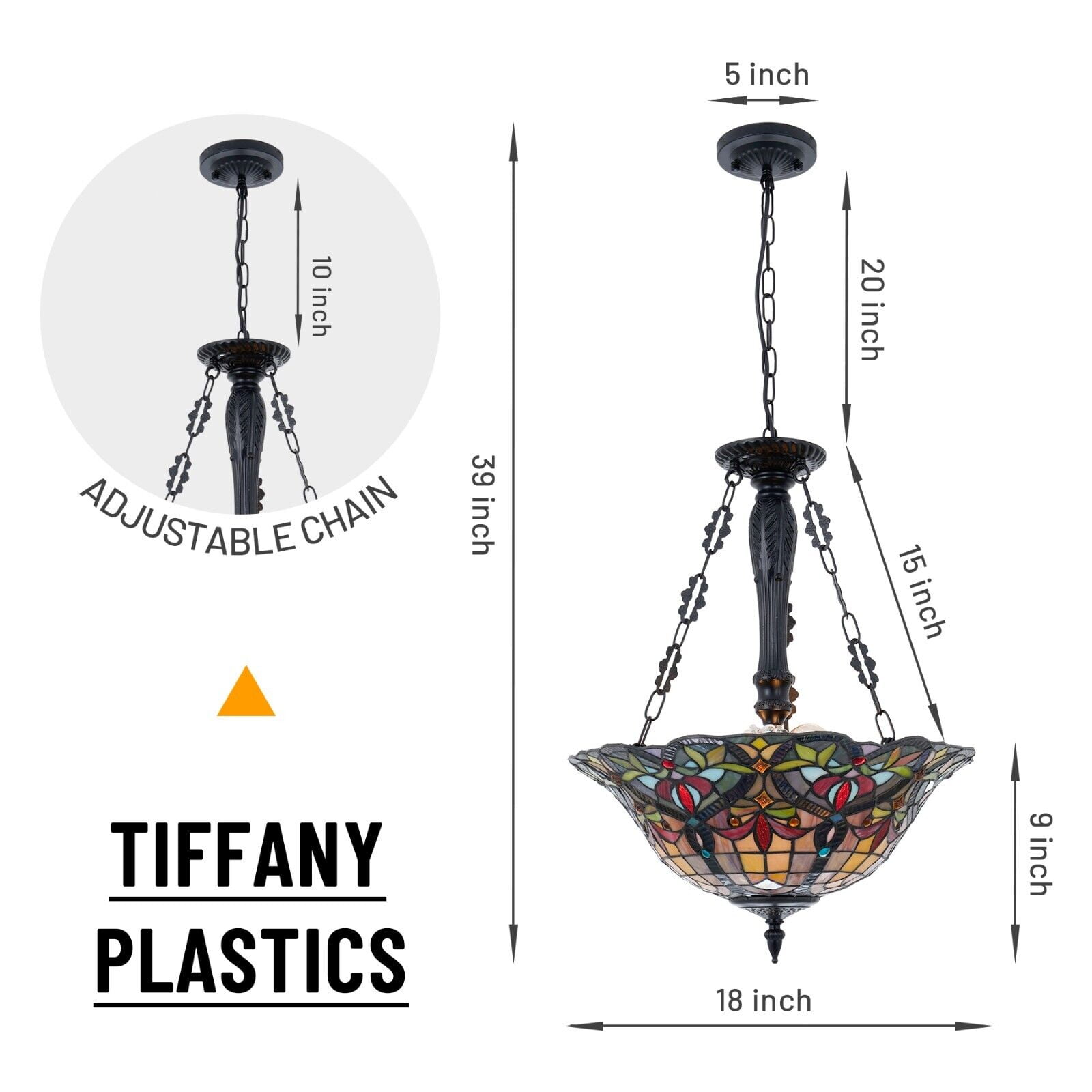 AFANQI 18 inch Tiffany Style Chandelier, 3 Light Stained Glass Dining Room Hanging Chandelier