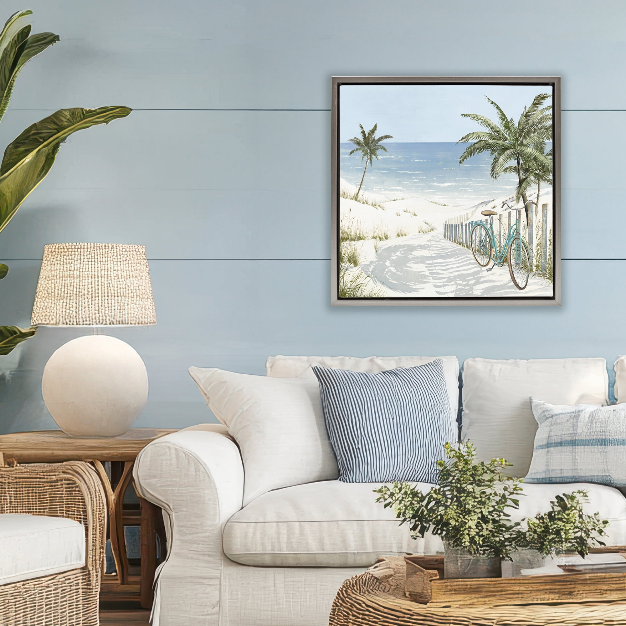Stupell Industries Beach Bike Coastal Scene Gray Framed Floater Canvas Wall Art, design by Lorenzo Collective