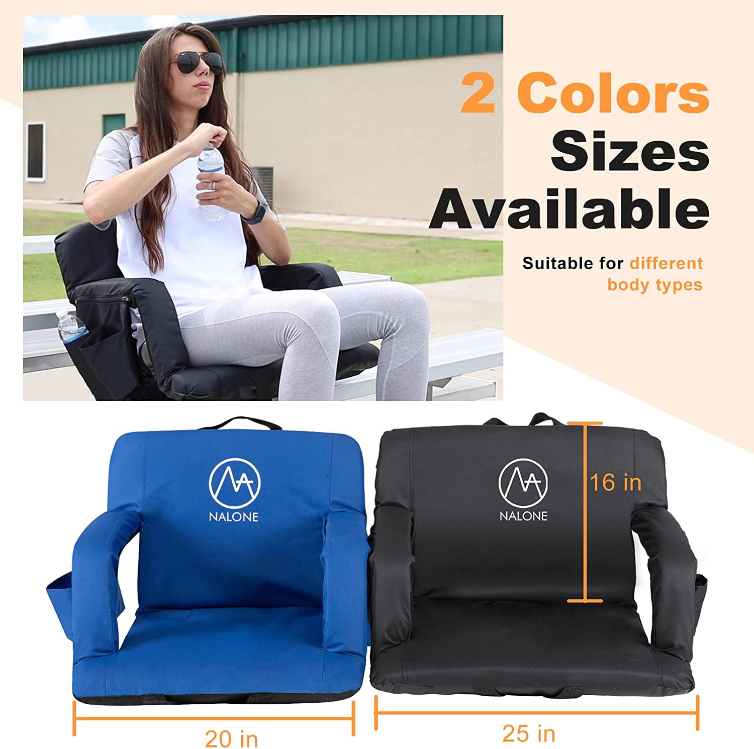 Thyle 2 Pcs Stadium Seats Cushion 20 Inch Wide Folding Floor Bench Seats  Waterproof Cushion Chair for Bleacher with Back Support, 6 Reclining