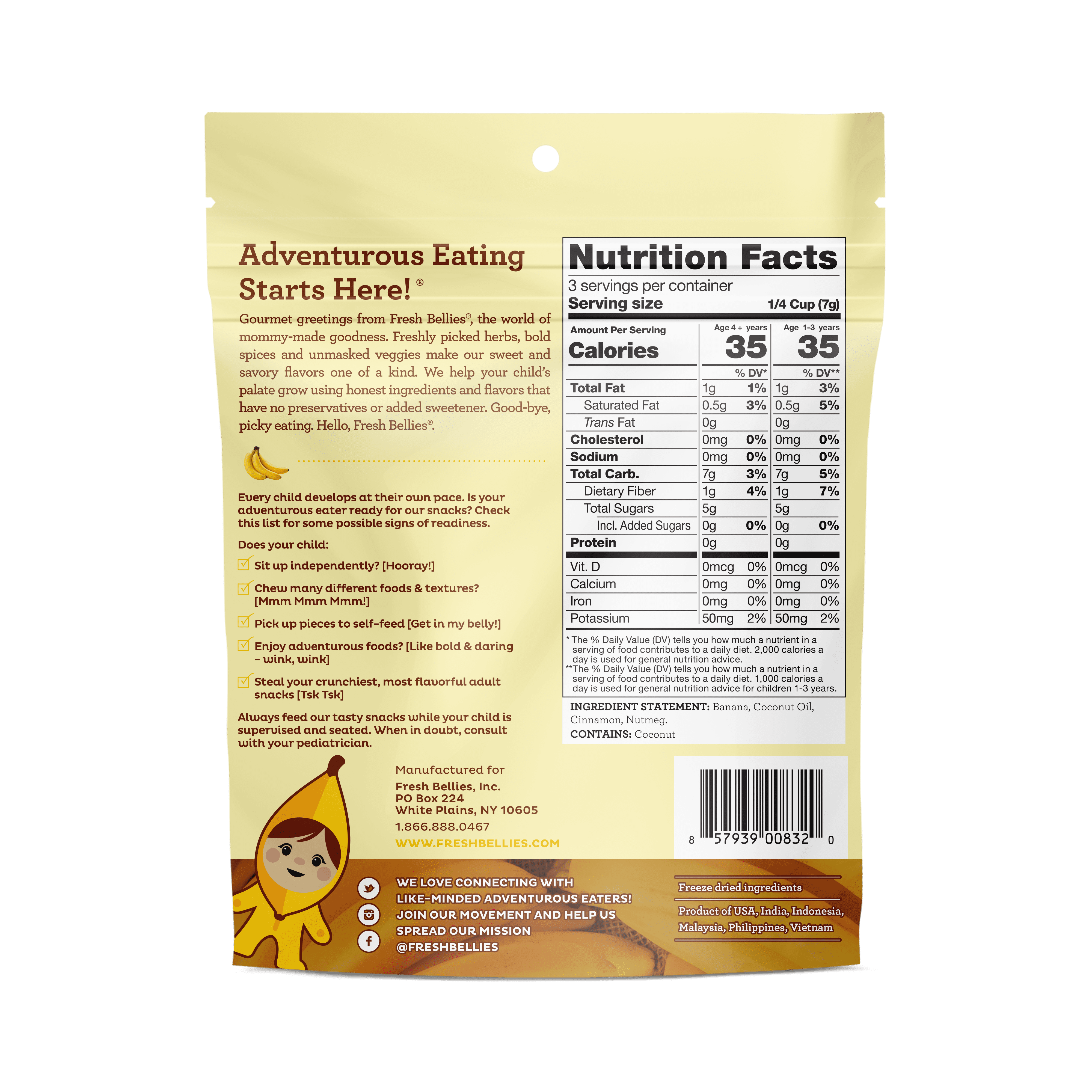 (2 pack) Fresh Bellies Banana-Fana-Fofana Freeze-Dried Toddler Snack, 0.75 oz, Resealable Pouch, 3 Ingredients, Vegan, Gluten-Free