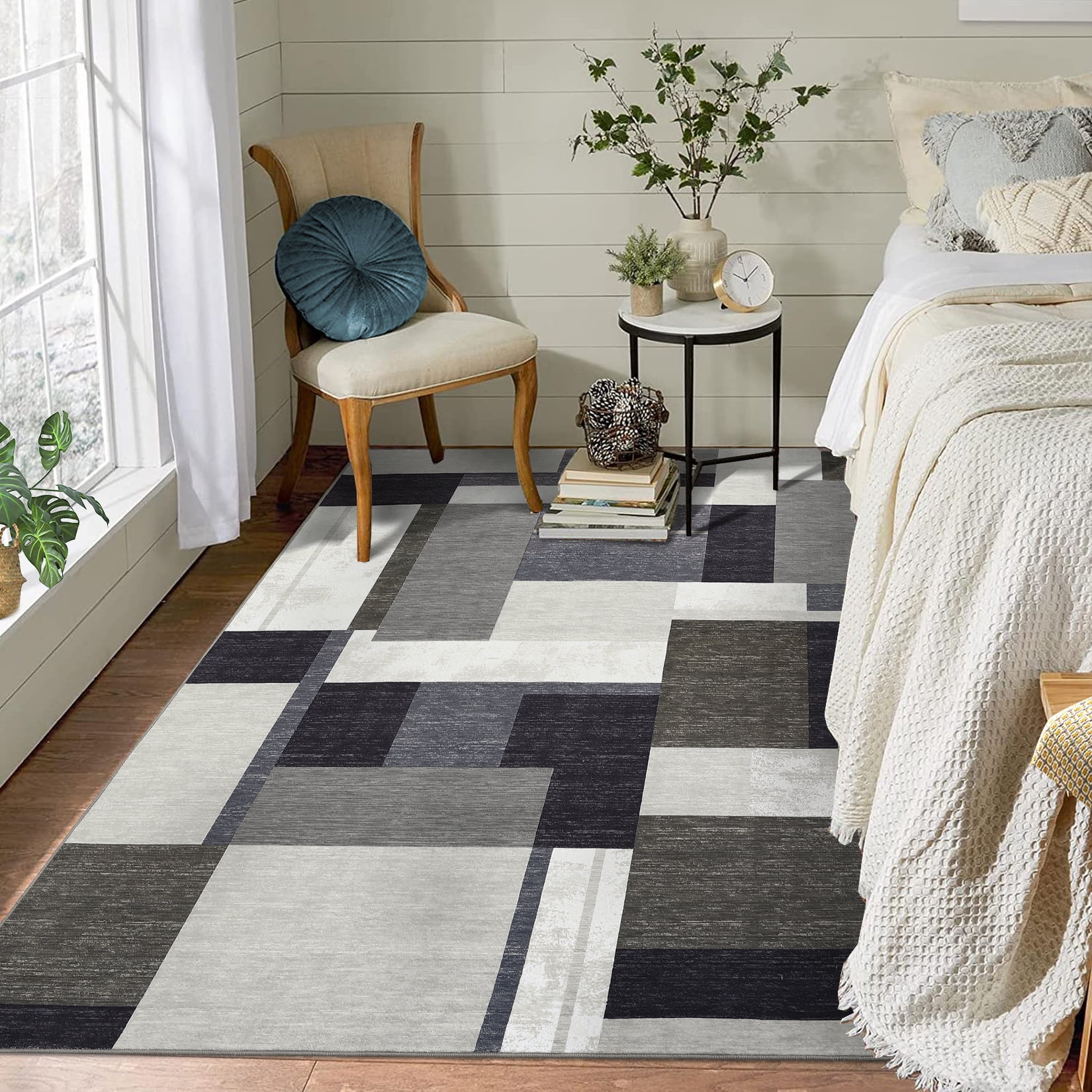 Hasoo 6' x 9' Geometric Rug Modern Patchwork Print Bedroom Rug Soft Indoor Non-Slip Non-Shedding Throw Carpet for Living Room Office, Brown