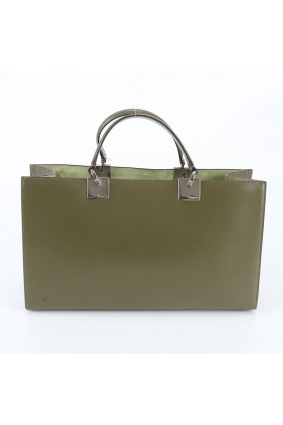 Pre-Owned Salvatore Ferragamo Gancini Leather Handbag Tote Bag, Khaki, Brand Name, Women's