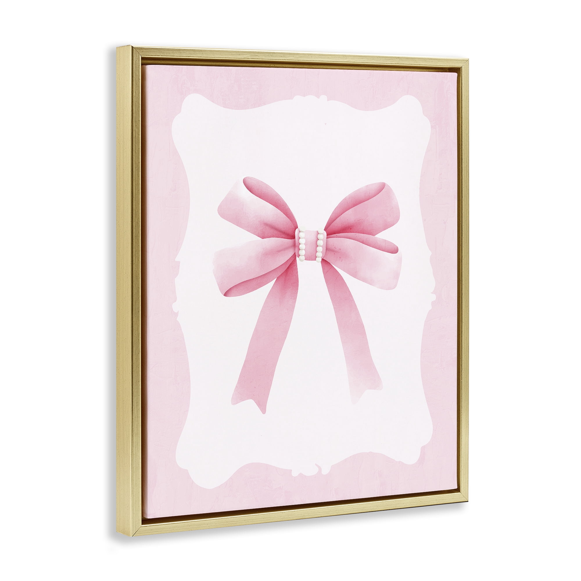 Stupell Industries Feminine Bow with Pearls Gold Framed Floater Canvas Wall Art, design by Kim Allen