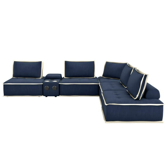 Pixie 6Pc Sectional Module Sofa/Speaker Console USB Storage/Blue/Cream Fabric