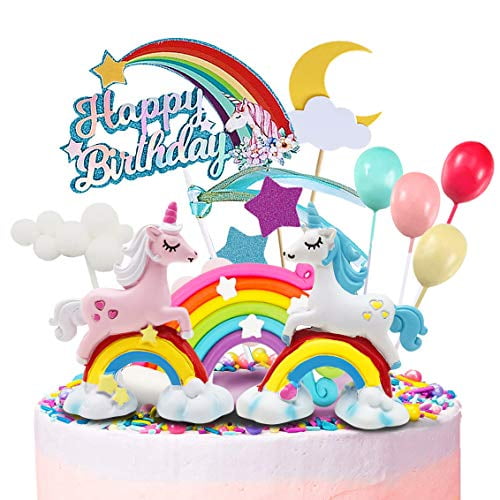iZoeL 21pcs Unicorn Cake Topper Kit Cloud Rainbow Balloon Happy Birthday Banner 